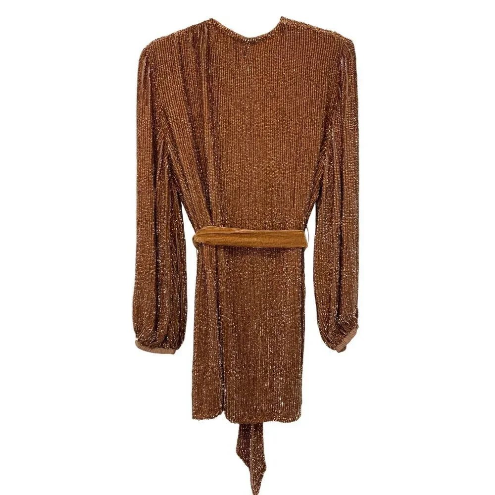 Retrofete $635 Bronze Mini Dress Gabrielle Sequin Velvet Belted Wrap NWT Medium